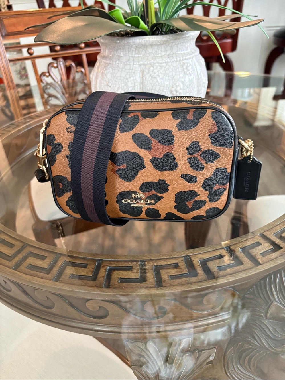 🖤🤎COACH JES LEOPARD PRINT CAMERA CROSSBODY 20 COATED CANVAS & LEATHER BAG!🖤🤎
